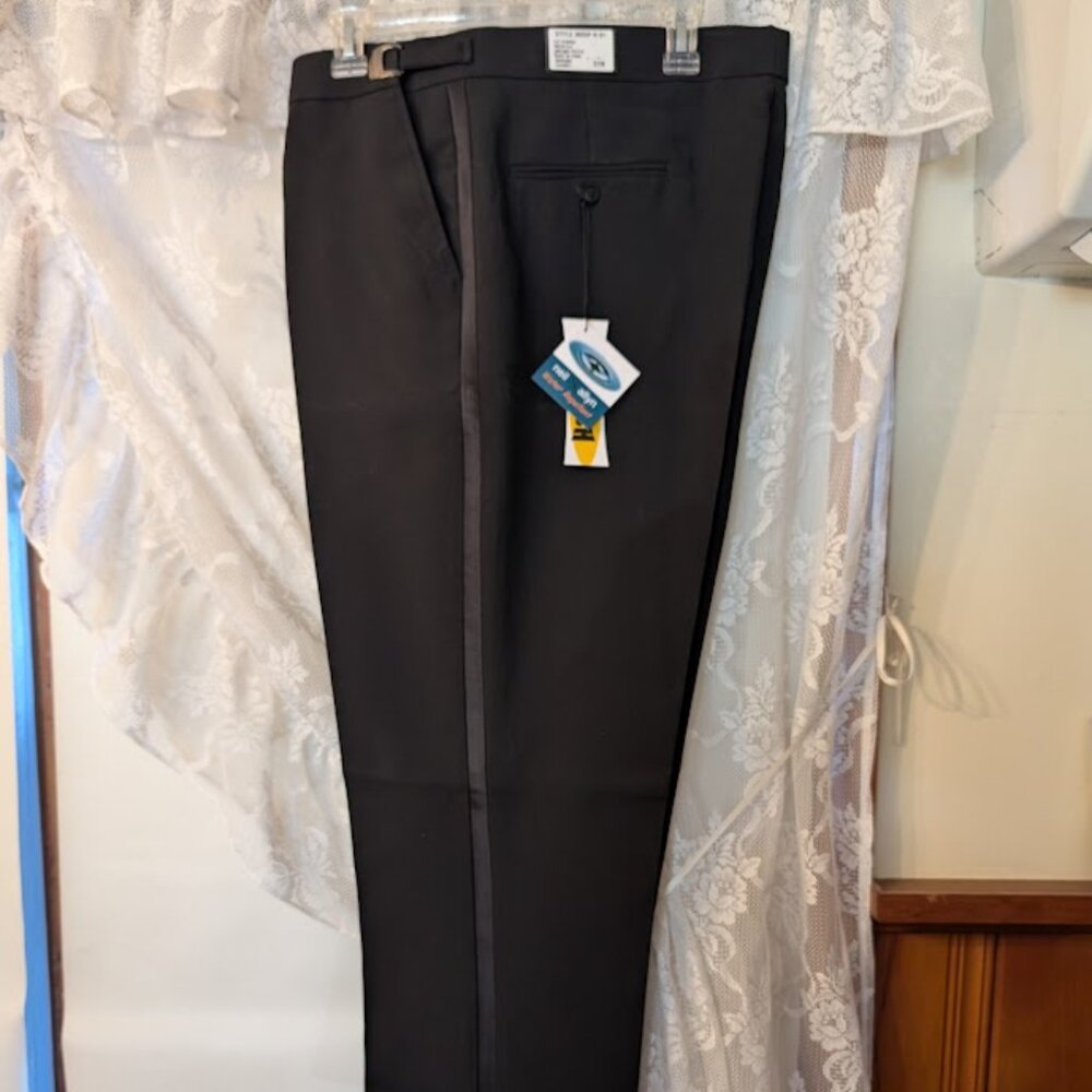 Neil Allyn Formal Collection Men’s Black Tuxedo Pants 37R – Satin Stripe – NWT